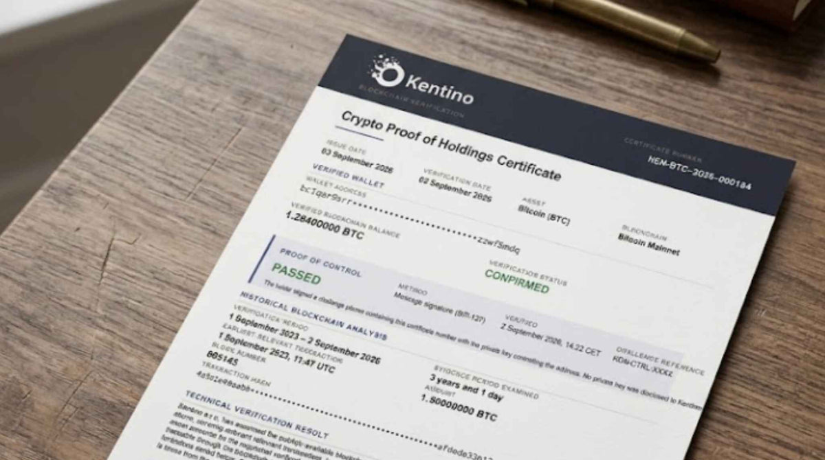 Layout of the Kentino proof of holdings certificate