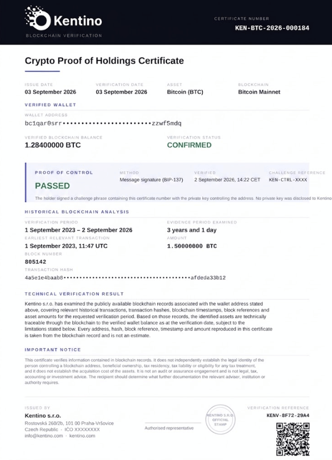 Sample Crypto Proof of Holdings Certificate issued by Kentino